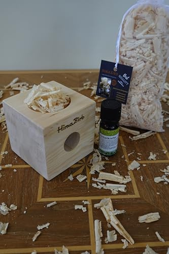 Duftwürfel-Set aus Zirbe, 75x75x75mm mit Zirbenspänen befüllt, Zirbenöl 10ml und Zirbensäckchen, Geschenkset, Naturholz