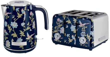 Laura Ashley Ensembles Bouilloire et Grille-Pain par VQ – Bouilloire Electrique 1,7 L à Ébullition Rapide et Grille-Pain 4 Tranches avec Fonctions Décongélation et Réchauffage – Elveden Bleu