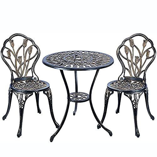 Juego de bistró de 3 piezas con diseño de tulipán, muebles de patio de aluminio fundido resistentes a la intemperie con agujero para sombrilla para comedor, patio, balcón y porche