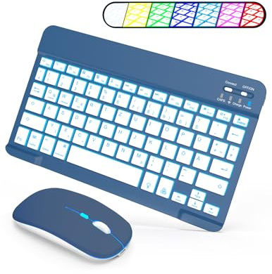 SOPPY Tastatur mit Maus kabellose Bluetooth Tastaturen mit 7-Farbiger Hintergrundbeleuchtung, Ultra Slim Tastature kompatible mit Windows Android, Dunkelblau Beleuchtet (DE QWERTZ Layout)