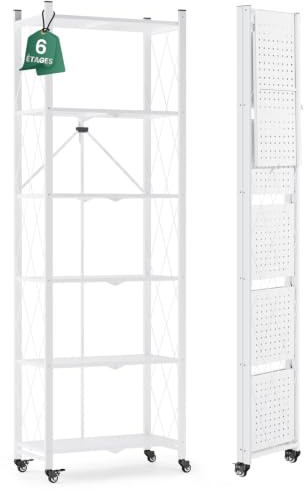 ALANNG Klappregal mit Rädern - Standregal mit 6 Ablagen, Bücherregal aus Metall - Montagefrei & Stabil - Für Küche, Wohnzimmer, Keller, Büro - Weiß