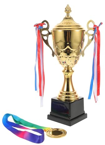 HOLIDYOYO Set Trofei Sportivi Oro 42 Cm con Coppa Gara e Medaglia Gara Nastro per Premiazioni Competizioni Sportive Tornei Scuole Club