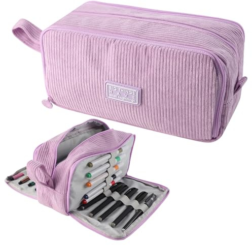 MHwan Estuche Escolar 3 Compartimentos, de Pana, con Asa, Grandes, Resistente y Ligero, Estuches Ideal para Niñas, Niños, Adolescentes, Adultos, Escuela y Oficina (Morado)