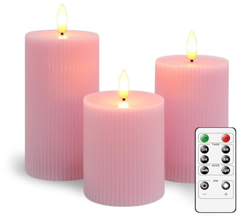 CiimWaa LED Kerzen 3er Set, Stumpenkerzen aus Echtwachs Batteriebetrieben | Flammenlose LED-Kerzen mit Timerfunktion und Fernbedienung, Flackernde Flamme, Dekorationfür Weihnachten, Hochzeit Rosa