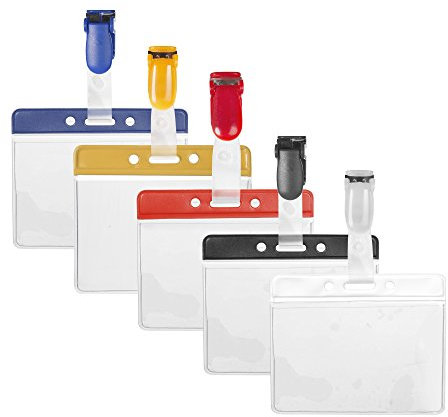 Karteo® Ausweishülle transparent horizontal mit Clip | Kartenhüllen Vinyl Plastik mit Farbbalken weiß | für Karten Ausweise (86 x 54mm) benutzbar als Ausweishalter Kartenhalter