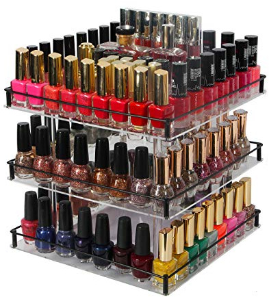 J JACKCUBE DESIGN Nail Polish Organizer, 3 Tier Acrylic 360 Rotating Display Rack Stand Makeup Cosmetics Storage Box Carousel Shelf with Black Iron Guard, Hold Up to 180 – MK302-3