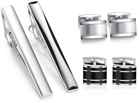 HONEY BEAR Herren manschettenknöpfe krawattennadel set,Shirt Zubehör, Edelstahl für die Hochzeit,Silber schwarz (mit Box)