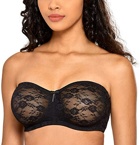 DOBREVA Donna Reggiseno Pizzo Senza Spalline Non Imbottito con Ferretto Invisibile Spalline Removibili Nero 3E