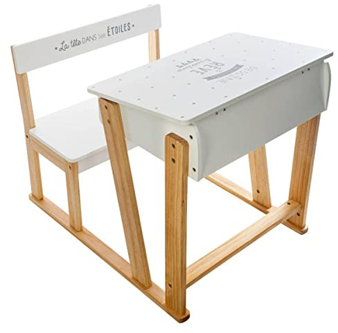 ATMOSPHERA CREATEUR D'INTERIEUR Atmosphera – Escritorio pupitre de Escuela con su Banco – Habitación Infantil, Madera de ingeniería, Blanco, L. 58 x l. 79 x H. 63,5 cm