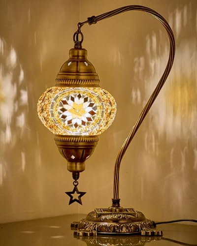 DEMMEX Lampada turca autentica, realizzata in Turchia, lampada da comodino da tavolo in mosaico marocchino turco, realizzata al 100% a mano, corpo in metallo color antico e base decorata, marrone