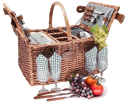 Les Jardins de la Comtesse - Picknickkorb Saint Germain - Braun Weide Honig Farbe - Grün Karierter Stoff- Komplett Ausgestattet/4 Personen - Kühlfach/Keramik Teller und Weingläser - 46 x 33 x 24 cm