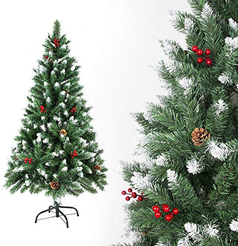 Sunjas Weihnachtsbaum künstlich, 120/150/180/210 cm mit Tannenzapfen, Tannenbaum mit Schnee-Effekt und rote Beere Deko, beschneiten Spitzen und Kunsttanne mit Metallständer (180cm)