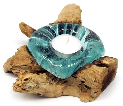 Natur Teelichthalter Glas und Holz, Wurzel mit Glas für EIN Teelicht, Holzwurzel aus Teakholz (Wurzel 12-15 cm)
