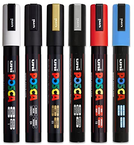 Posca PC-5M Paint Pen Art Marker Stifte – Stoff Glas Metall Stifte – Set mit den 6 beliebtesten Farben