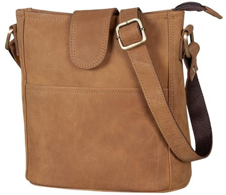 LEABAGS Leder Handtasche Damen I Premium Echtleder Umhängetasche I Damen Schultertasche I Damentasche I Tragetasche für Arbeit Uni Schule Freizeit I Größe L (31 x 29 x 13 cm) I Nature Hellbraun