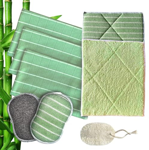 Panno in microfibra di bambù, 8 pezzi, 3 spugne in omaggio. Per pulire Lustrer vetri, piano di lavoro, piastra induzione, vasellame, auto, occhiali, set di strofinacci lavabili in spugna + Loofah