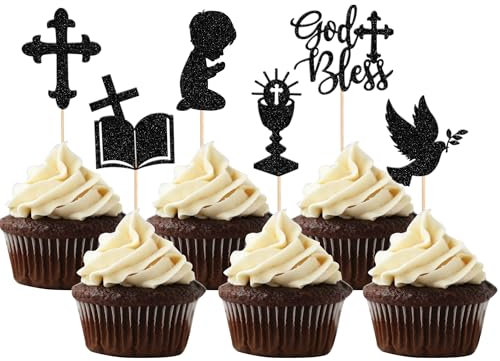 24 PCS Boy God Bless and Cross Cupcake Toppers Glitter Dove Chalice Bible Baptism Cupcake Picks First Communion Christian Baptism Theme Baby Shower Boys Birthday Party Cake Decorations Black