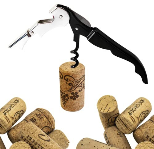 Cavatappi Professionali Apribottiglie Vino da Sommelier, Tagliacapsule, Cava Tappi Cameriere Apri Bottiglia Taglia Capsule Doppia Leva in Acciaio Inox e Coltello Seghettato (NERO)