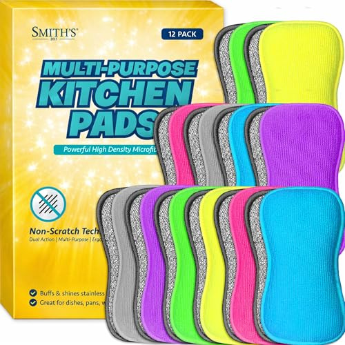 Multi-Purpose Kitchen Pads by Smith’s® | Multicoloured | 12 Pack | Washing Up Dishes & Multi-Surface Scrub Sponges | Kitchen & Home | Non-Scratch | Durable | Chemical Free