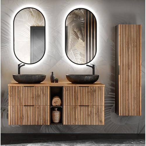Lomadox Badmöbel Set 4-teilig Waschtisch 141 cm mit Regal 2 Waschbecken 1 Hochschrank 2 LED Spiegel anthrazit mit Eiche Nb. Rillen schwarz