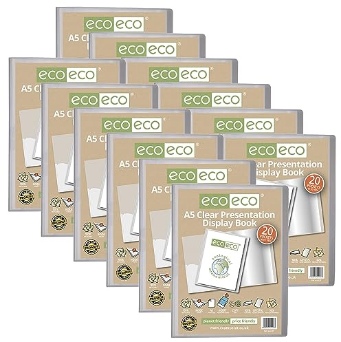 eco-eco Präsentationsbuch, A5, 50% recycelt, 20 Taschen, transparent, Aufbewahrungsbox, Portfolio-Kunstmappe mit Kunststoffhüllen, 12 Stück, eco127 x 12