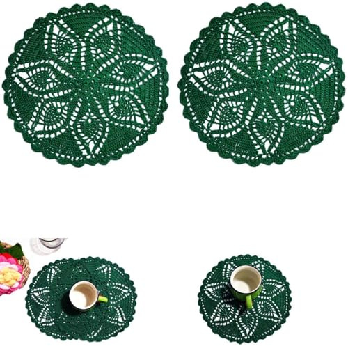 BOMHCS Set mit 2 Stück, 25,4 cm bis 27,9 cm, gehäkelte runde Deckchen, Küche, Teetasse, Untersetzer, Kaffeebar, Tisch, handgefertigte Tischsets (grün, 25,4 cm bis 27,9 cm, 2 Stück)