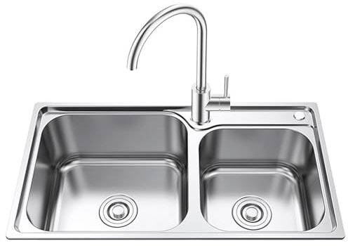 Lavello da appoggio doppia vasca Lavabo da incasso in acciaio Inox lucido Lavelli Cucina Lavandino Commerciale con 2 Fori Doppio Lavello con rubinetto
