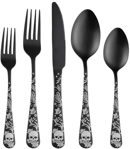 XIAOYU 5 Piece Black Bizarre Skull Flatware Set, Gothic Matte Silverware Set, Unique Skull/Flower/Butterfly Pattern Design, Halloween Cutlery Set Festival Tableware Utensils