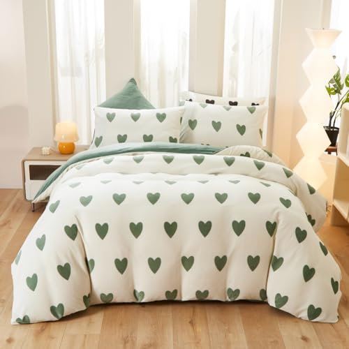 Covebett Bettwäsche Flanell 155x220 Grün Weiß Herzen Winter Warm Biber Flannelette Wende Winterbettwäsche Cashmere Touch Flauschig Plüsch Bettbezug und 1 Kissenbezug 80x80 mit Reißverschluss