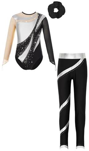 dPois Body da Ginnastica Artistica Bambina Maniche Lunghe Ragazze Ginnastica Leotards con Pantaloni Leggings Balletto Body da Danza Classica Tuta da Allenamento Yoga Argento&Nero 13-14 anni