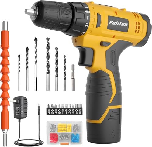 pulituo 12 V Cordless Drill, Cordless Drill Set, 3/8 Inch Keyless Drill Chuck, Pink Electric Screwdriver, 21+1 Torque Setting yellow