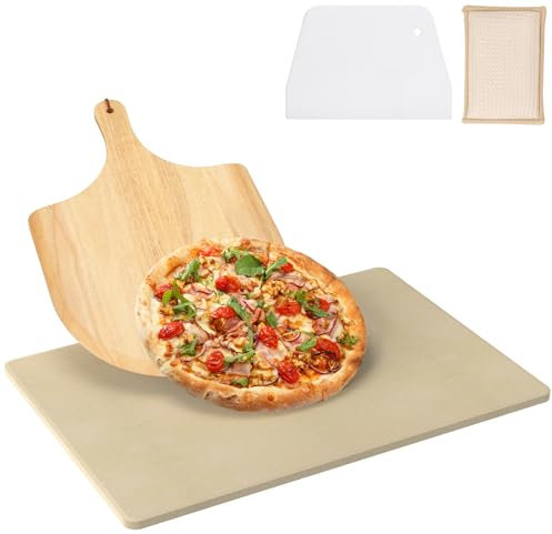 DcYourHome Universal Extra Large Pizza Stone for Oven BBQ Grilling, 22 x 14 Natural Cordierite Rectangular Baking Stone Pizza Making Accessories with Wood Pizza Peel Plastic Scraper for Baking Bread