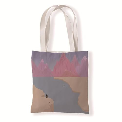 Homeyang Jutebeutel Gelbrosa Berg Stoffbeutel Canvas Wiederverwendbare Beuteltasche Damen Kinder Büchertasche Einkaufsbeutel mit Henkeln Stofftasche Waschbar Tote Bag 33x37 cm