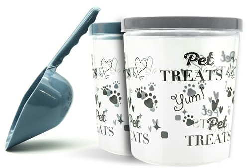 Petopedia 1x 2L Pet Storages Container with 1x Feeding Scoop – Cat & Dog Food Storage Box – Candy Jar, Tin, Tub for Dogs, Cats – Pets Treat Containers with Airtight Lid (Blue/Grey, 2 Litre)