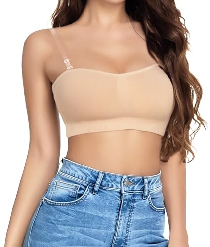 Sahunfri Strapless Bra, Backless Strapless Bras with Transparent Straps, Anti-Slip Strips, Non Wired, Stretchy Strapless Bras for Women (UK, Alpha, L, Regular, Regular, Standard, Skin-Toned)