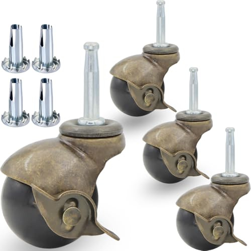 QAVBFA 1.5 Ball Caster – Vintage Antique Swivel Caster Wheel with Brake and Sockets for Furniture, Sofa, Old Chair, Cabinet – Pack of 4 (Stem Mounting 5/16 x 1-1/2)