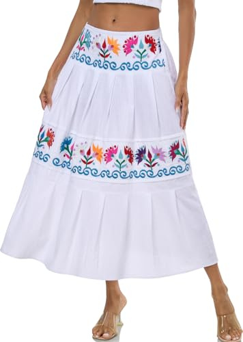 YZXDORWJ Mexican Skirts for Women Floral Embroidered Maxi Skirt Traditional Dress Fiesta Outfit (S, 925WBL)