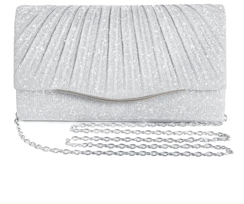 BellaBlend Glitzernde Clutch Handtasche für Damen, Elegante Abendtasche für Hochzeit, Cocktail, Party & Festliche Anlässe, Mit Abnehmbarer Schulterkette, Vielseitig als Clutch (Silber)
