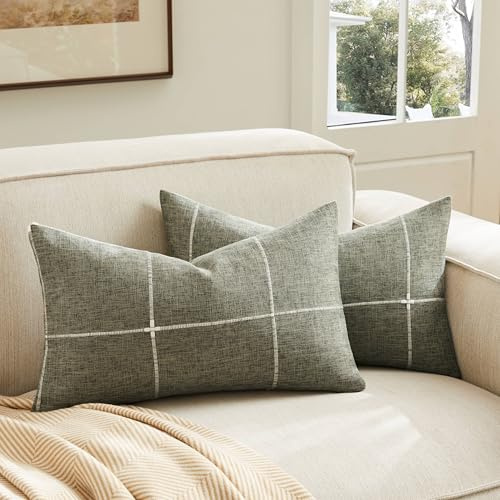 YZJZEDS 2 Packs Grid Embroidery Throw Pillow Covers, 12x20 Inch Olive, Farmhouse Linen Decorative Olive Cushion Covers for Sofa Bed Living Room Home Decor