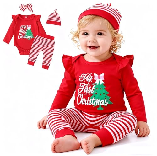 FUTERLY Completo Natale Neonata Il Mio Primo Natale Neonata My First Christmas Vestito Natales Neonato Tutina Natales Neonato Body + Pantaloni + Fascia + Cappello Costume Natalizio Neonati 12-18 Mesi