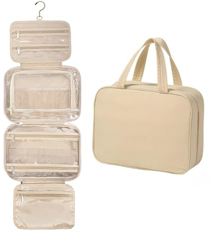 Flaxarne Beige Trousse de Toilette Femme à Suspendre,Trousse Toilette Voyage avec Plusieurs Compartiments,pour Salle de Bain,Quotidien,30×22×12cm