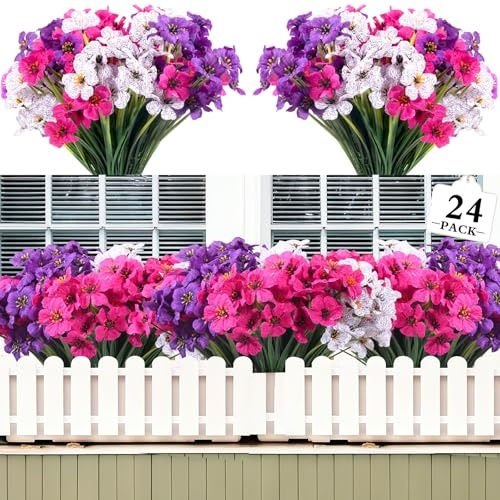 Kradeler 24 Bundles Artificial Flowers for Outdoor,No Fade Fake Plastic Faux Silk Flowers UV Resistant Greenery Shrubs Plants for Outside Garden Porch Hanging Planters Decor(White Rose Purple)