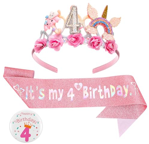 4th Birthday Decorations for Girls with Floral Crown, Glitter Sash and Badg