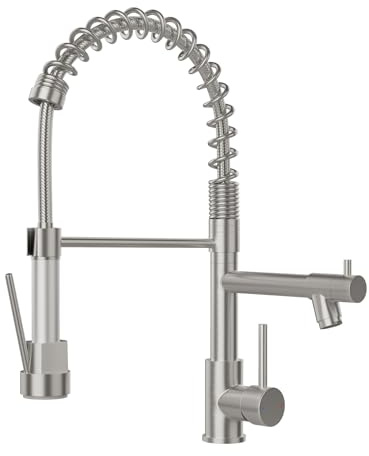 FLG Kitchen Faucet with Pull Down Sprayer,High Pressure Dual Spout Brushed Nickel Faucet for Kitchen Sink,Single Handle Stainless Steel Spring Commercial Kitchen Faucet