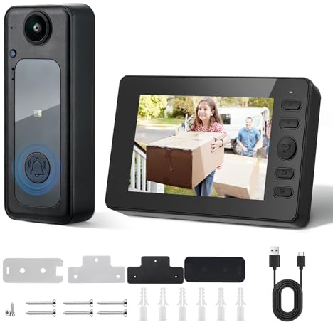 Sonnette sans Fil avec Caméra, Etanche Sonnette Vidéo sans Fil, 1080P HD IPS 4.3, Audio Bidirectionnel, Infrarouge Vision Nocturne, Résistant aux intempéries, Angle de Vision 170°, 2.4G WLAN