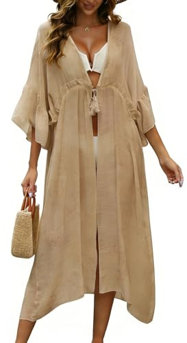 Koerye Vestido de Bikini para Verano Mujer Cárdigan Bikini Kimono Cover Up Elegante Largo Bohemio Maxi Caftan Vestidos Playa Traje de Baño Caqui