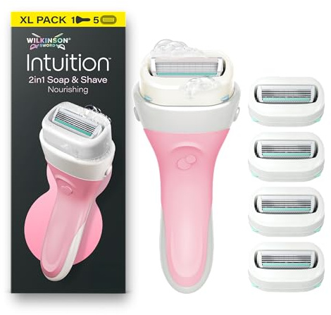 Wilkinson Sword Intuition 2-i-1 tvål och rakning närande damrakapparat, integrerad vegansk tvål, XL-förpackning, rakhandtag för kvinnor plus 5 ersättningsblad