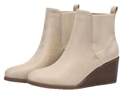 Botines de cuña de gamuza sintética para mujer, diseño Chelsea elástico lateral, cómodos botines casuales con tacón de cuña, beige, 38 EU