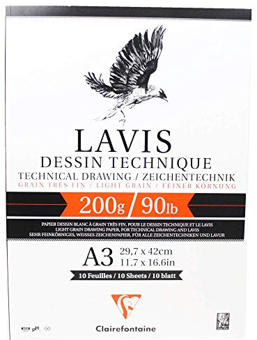 Clairefontaine 96342C - Un bloc encollé 1 côté de papier Lavis Dessin Technique lisse blanc 10 feuilles 29,7x42 cm 200g