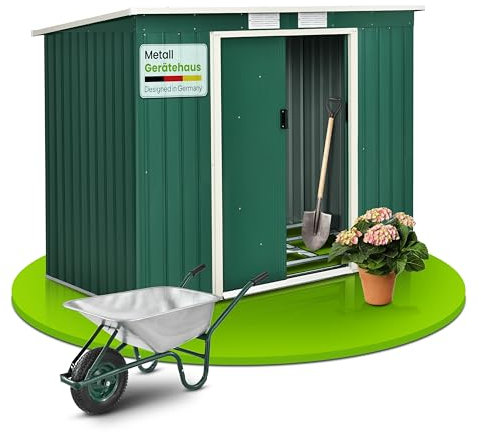 Juskys Abri de Jardin en métal de 4m³ avec Toit en Pente, Porte coulissante et Fondation - 213×130×173cm - Outils de Jardin en Acier (Vert)(M)